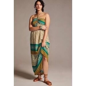 Anthropologie TINY Twist Halter Maxi Dress Green Boho Print Size M
